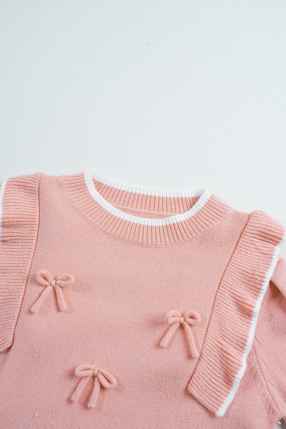 Light Pink Ruffled Bowknot Ribbed Trim Long Sleeve Sweater Sweaters JT's Designer Fashion
