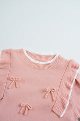 Light Pink Ruffled Bowknot Ribbed Trim Long Sleeve Sweater Sweaters JT's Designer Fashion