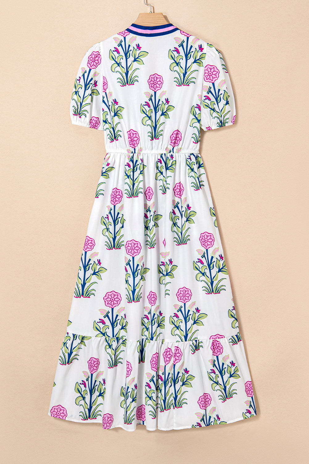 White Floral Puff Short Sleeve V Neck High Waist Maxi Dress Floral Dresses JT's Designer Fashion