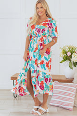 Rose Red Floral Knot Puff Sleeve V Neck Buttoned Front Split Lace Maxi Dress Floral Dresses JT's Designer Fashion
