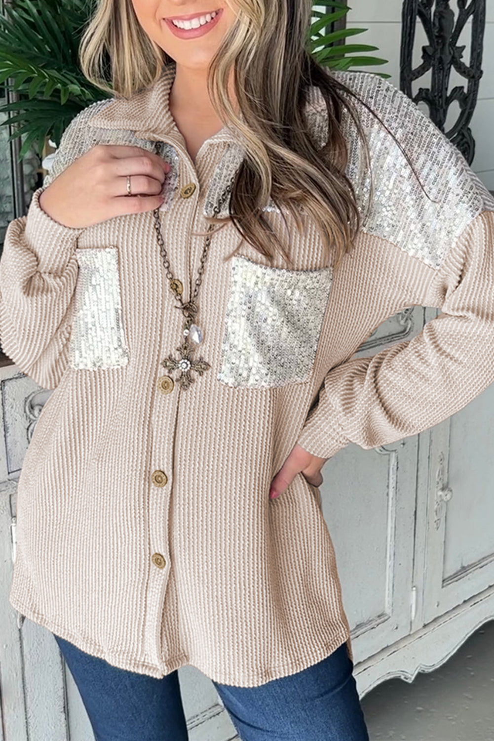 Parchment Sequin Patch Chest Pocket Corded Shacket Parchment 75%Polyester+20%Viscose+5%Elastane Jackets JT's Designer Fashion