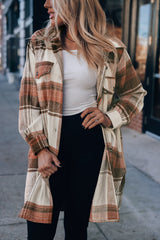 Brown Plaid Print Flap Pockets Long Shacket Plaid Shackets JT's Designer Fashion