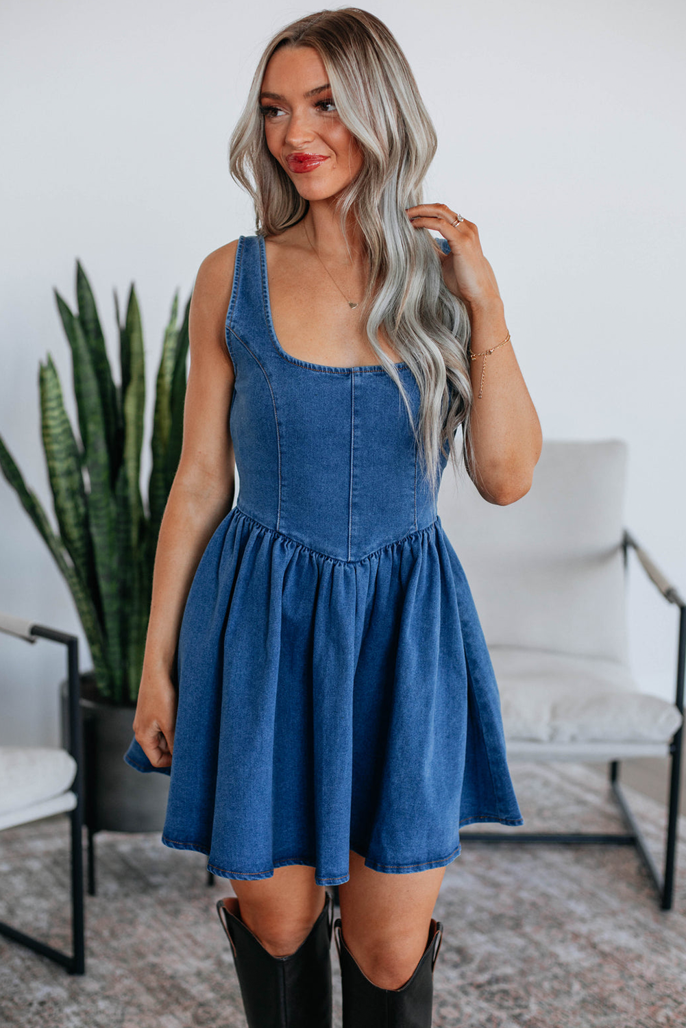 Sail Blue Square Neck Bowknot A-line Sleeveless Denim Dress JT's Designer Fashion