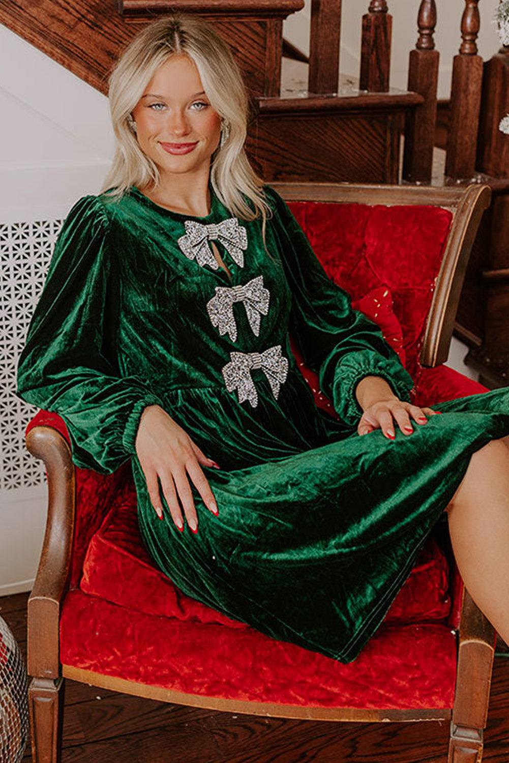 Evergreen Bowknot Decor High Waist Velvet Mini Dress Mini Dresses JT's Designer Fashion