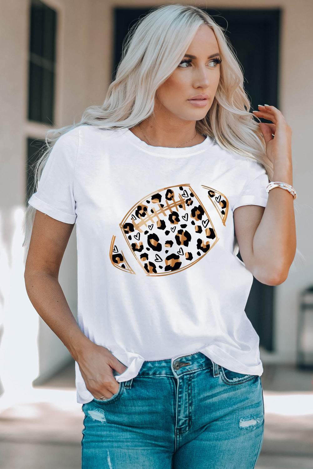 White Leopard Heart Shape Rugby Print Short Sleeve T Shirt Graphic Tees JT's Designer Fashion