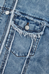 Beau Blue Plaid Print Patchwork Hooded Raw Hem Denim Jacket Denim Jackets JT's Designer Fashion