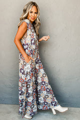 Sky Blue Floral Sleeveless Buttoned Pocketed Wide Leg Jumpsuit Jumpsuits & Rompers JT's Designer Fashion