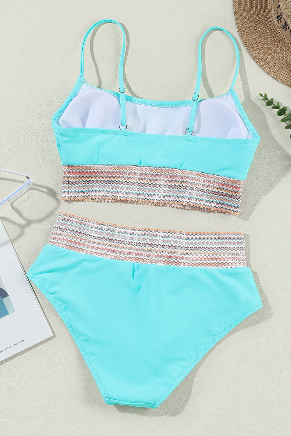Turquoise Striped Patchwork Spaghetti Strap High Waist Bikini Swimsuit High Waisted Swimsuit JT's Designer Fashion