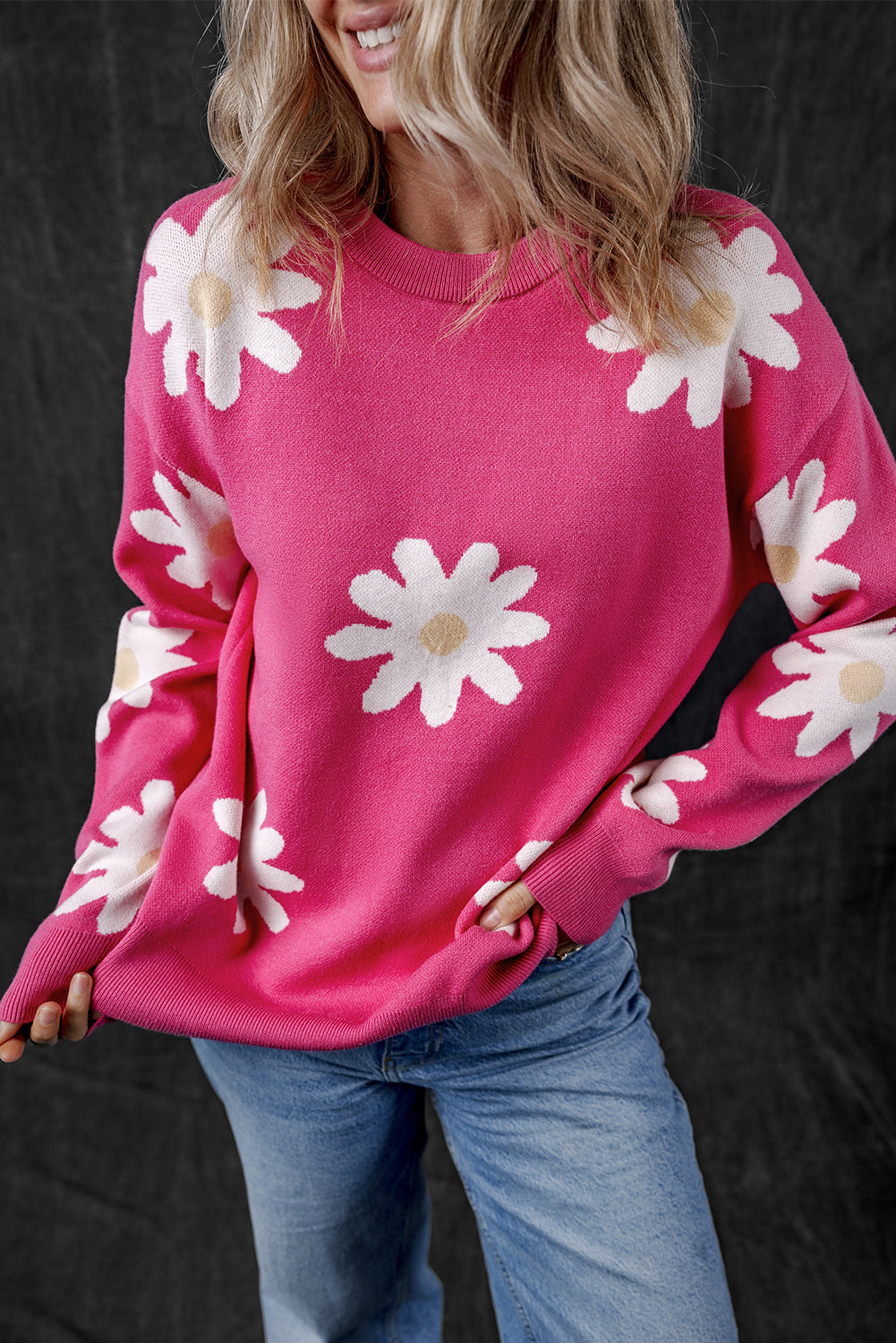 Bright Pink Daisy Flower Crew Neck Long Sleeve Sweater Sweaters JT's Designer Fashion