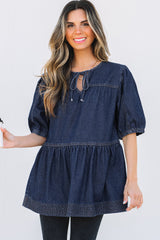 Sail Blue Puff Sleeve Lace-up Neckline Splicing Denim Blouse Blouses & Shirts JT's Designer Fashion