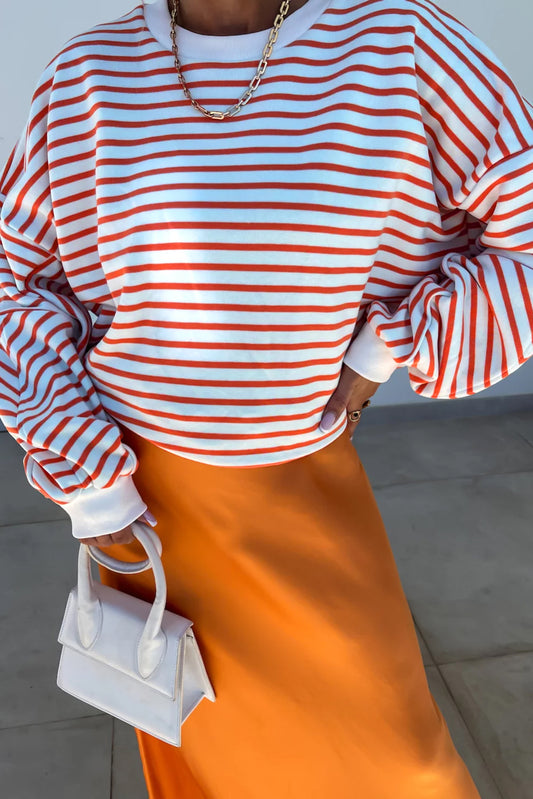 Orange Stripe Drop Shoulder Crew Neck Loose Sweatshirt Sweatshirts & Hoodies JT's Designer Fashion