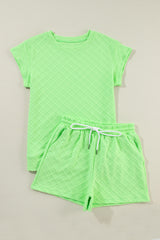 Light Green Checkered Textured Tee and Drawstring Shorts Short Sets JT's Designer Fashion