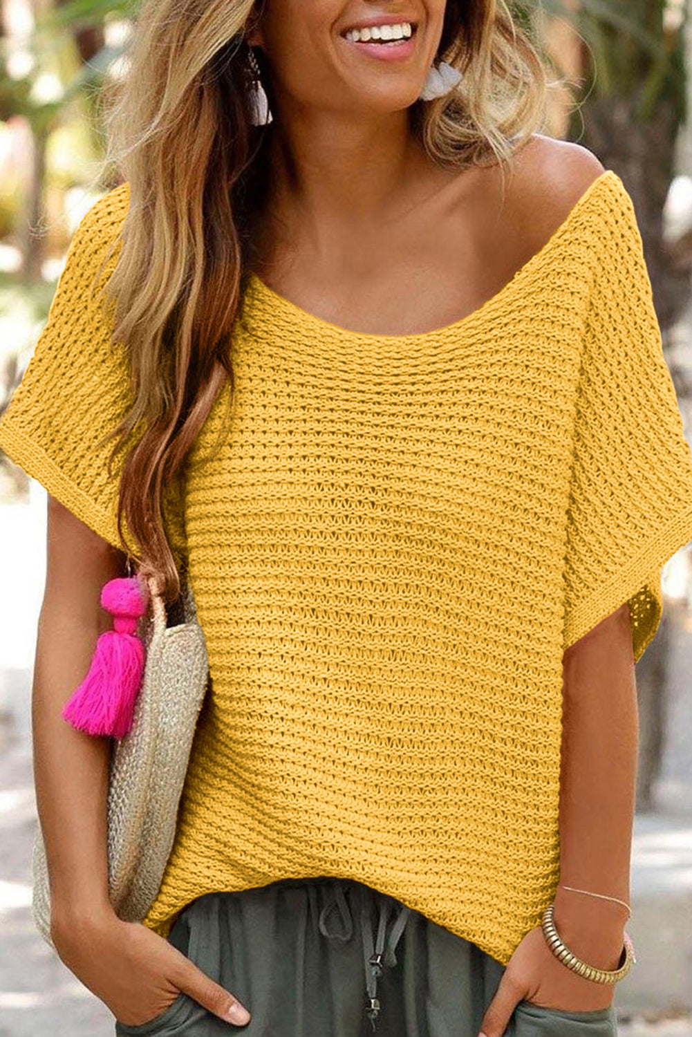 Ginger Solid Loose Knit Short Dolman Sleeve Sweater Sweaters & Cardigans JT's Designer Fashion