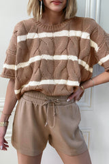 Dark Khaki Striped Cable Short Sleeve Sweater Sweaters & Cardigans JT's Designer Fashion