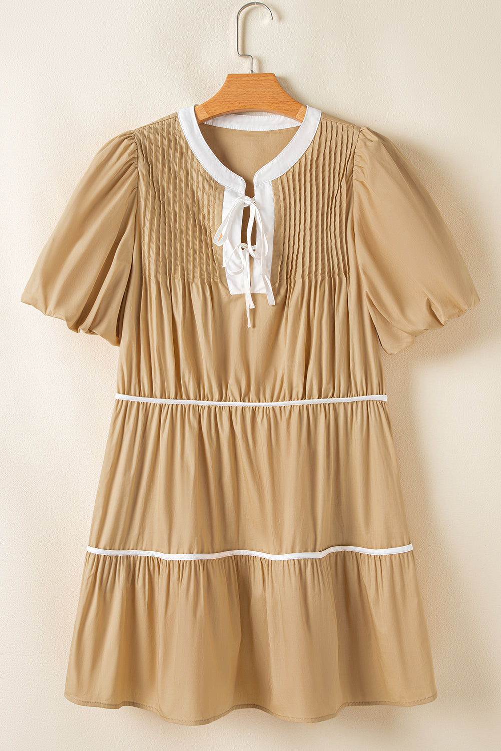 Pale Khaki Contrast Trim Pintuck Puff Sleeve Tied Neck Short Dress Mini Dresses JT's Designer Fashion