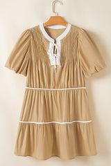 Pale Khaki Contrast Trim Pintuck Puff Sleeve Tied Neck Short Dress Mini Dresses JT's Designer Fashion