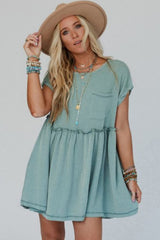 Canton Corded Knit Textured Patched Pocket Frilled Swing Mini Dress with Pockets Mini Dresses JT's Designer Fashion