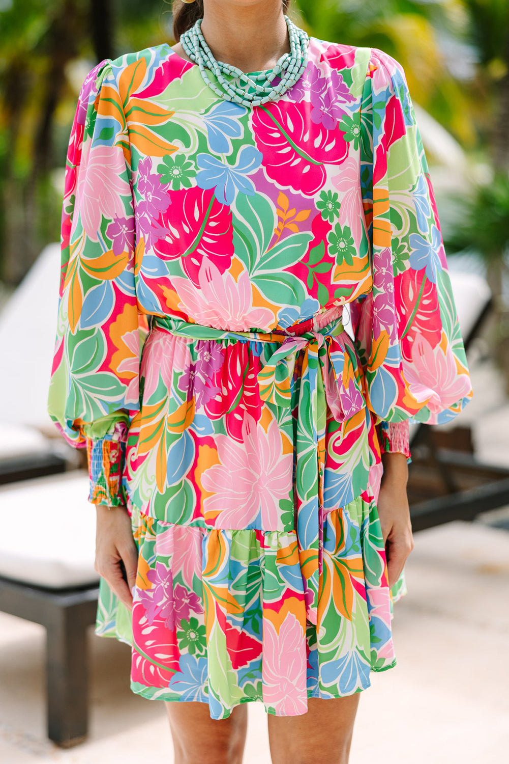 Green Multicolor Botanical Bubble Sleeve Mini Dress Green 100%Polyester Floral Dresses JT's Designer Fashion