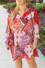 Rose Mixed Floral Long Sleeve V Neck Lace-up Hollowed Back Plus Size Dress Plus Size Mini Dresses JT's Designer Fashion