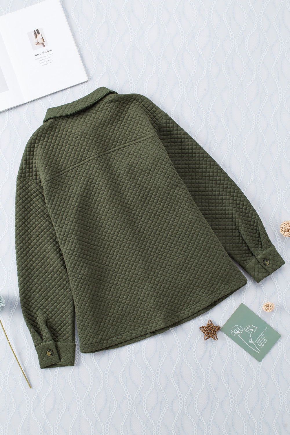 Green Retro Quilted Flap Pocket Button Shacket Jackets JT's Designer Fashion
