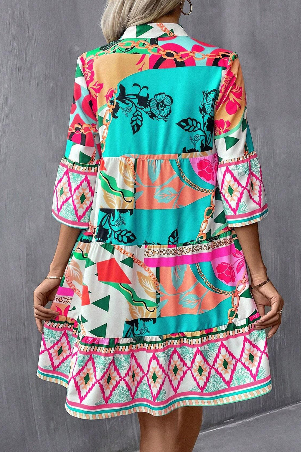 Multicolour Abstract Printed Half Sleeve Notched Neck Mini Dress Mini Dresses JT's Designer Fashion