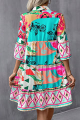 Multicolour Abstract Printed Half Sleeve Notched Neck Mini Dress Mini Dresses JT's Designer Fashion