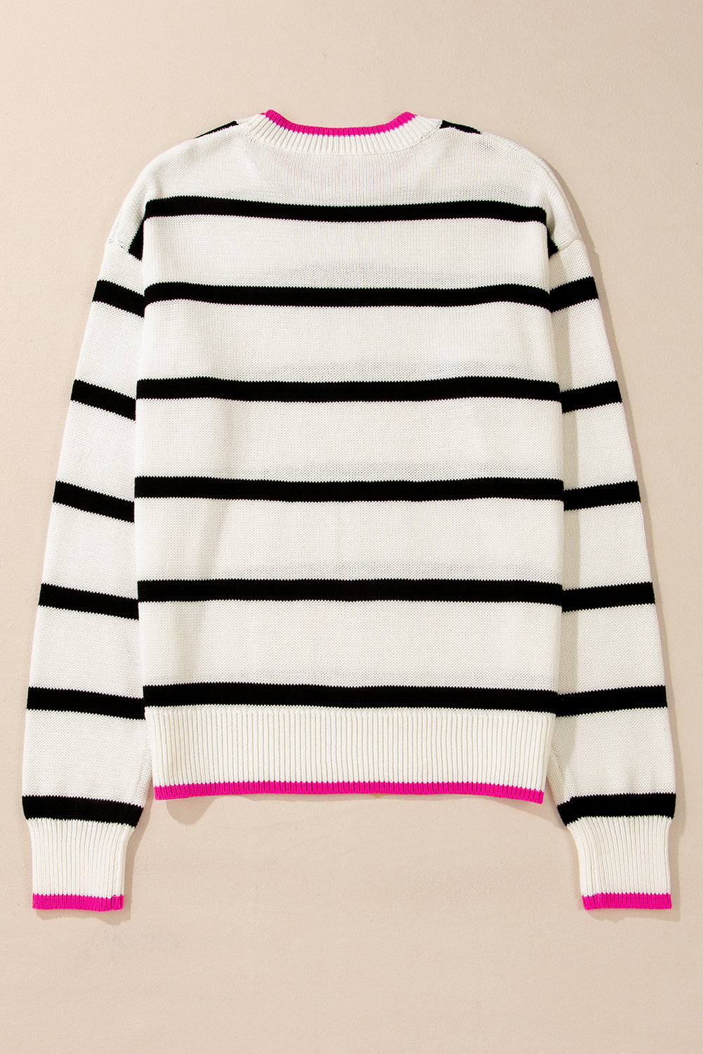 White Stripe Color Contrast Drop Shoulder Crew Neck Sweater Sweaters JT's Designer Fashion