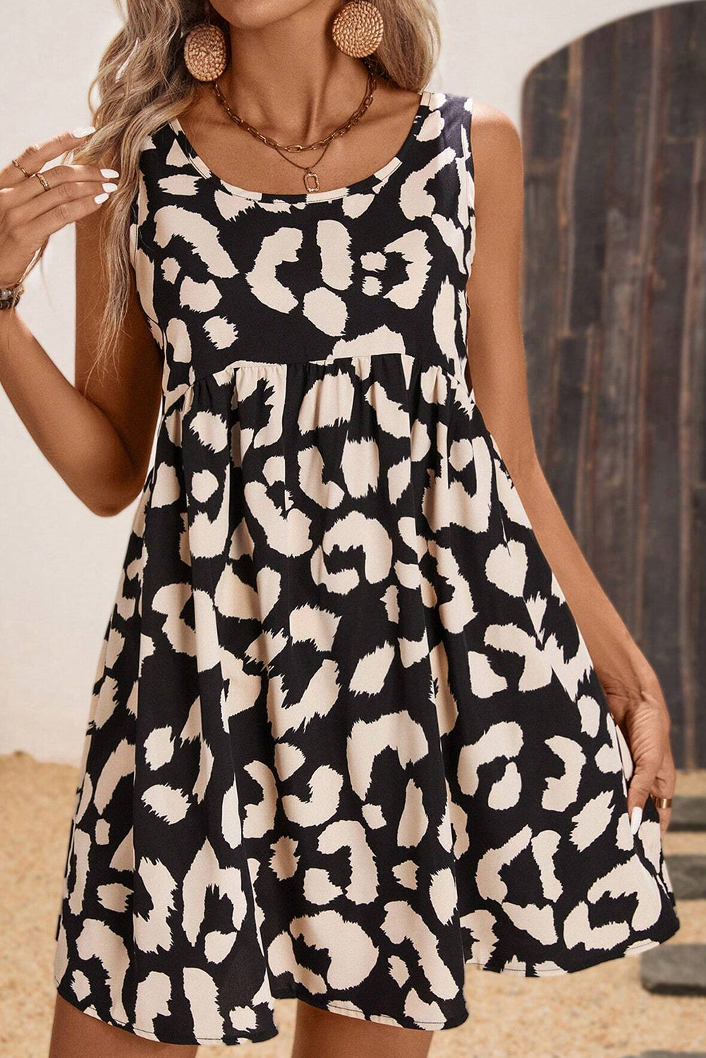 Black Leopard Print U Neck Sleeveless High Waist Dress Mini Dresses JT's Designer Fashion