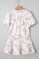 Pink Floral Striped Print Contrast Trim Tie Split Neck Mini Dress Dresses JT's Designer Fashion