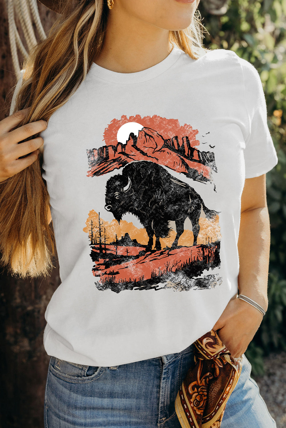White Western Buffalo On Plains Graphic Crew Neck Tee Graphic Tees JT's Designer Fashion