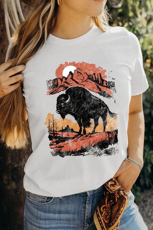 White Western Buffalo On Plains Graphic Crew Neck Tee Graphic Tees JT's Designer Fashion