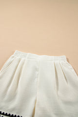 White Waffle Texture Contrast Ricrac Hemline Casual Shorts Casual Shorts JT's Designer Fashion