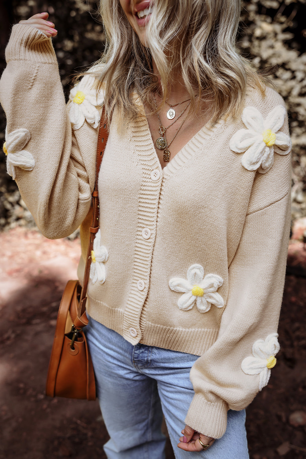 Parchment Elegant Flower Decor Button Front Cardigan Cardigans JT's Designer Fashion