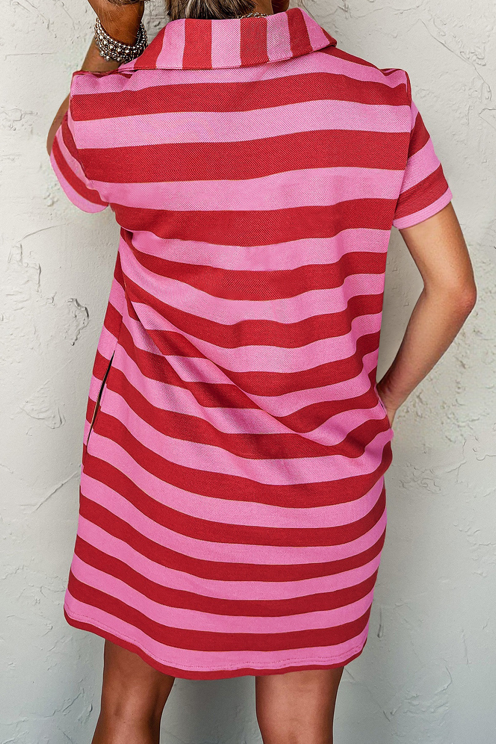 Red Stripe Textured Knit Collared V Neck Shift T Shirt Dress T Shirt Dresses JT's Designer Fashion