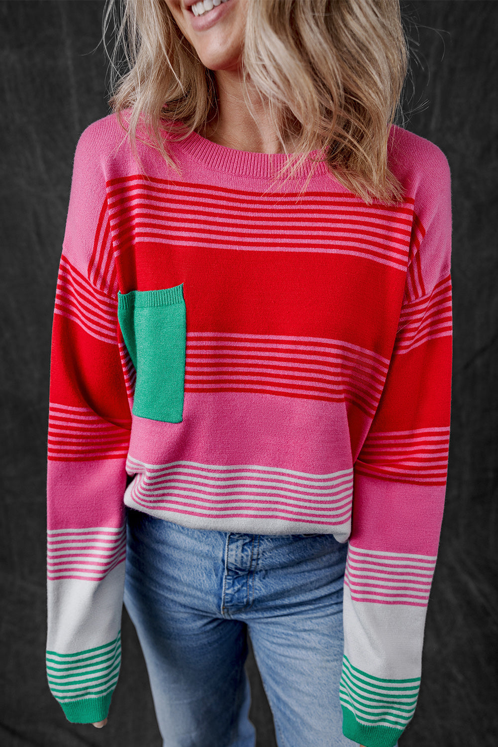Rose Striped Knit Patch Pocket Drop Shoulder Sweater Sweaters JT's Designer Fashion