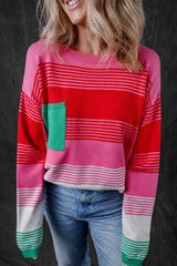 Rose Striped Knit Patch Pocket Drop Shoulder Sweater Sweaters JT's Designer Fashion