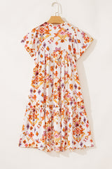 Apricot Floral Geometric Print Ruffled Trim Flutter Sleeve Mini Dress Floral Dresses JT's Designer Fashion