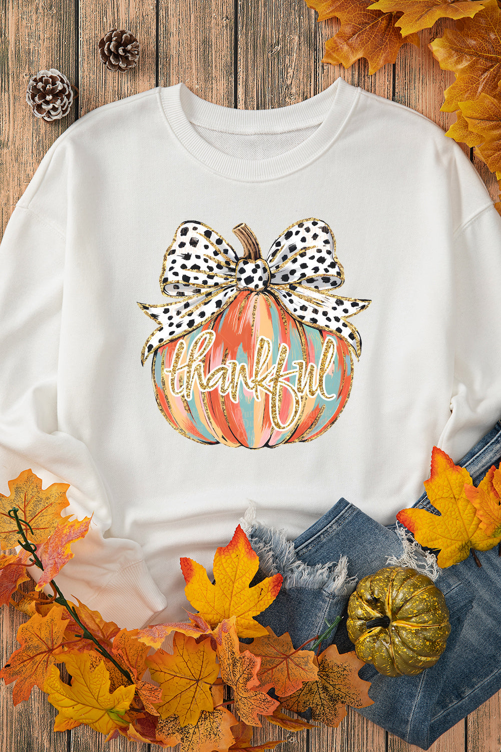 Beige Polka Dot Bow Knot Pumpkin Print Thanksgiving Sweatshirt Graphic Sweatshirts JT's Designer Fashion