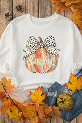 Beige Polka Dot Bow Knot Pumpkin Print Thanksgiving Sweatshirt Graphic Sweatshirts JT's Designer Fashion