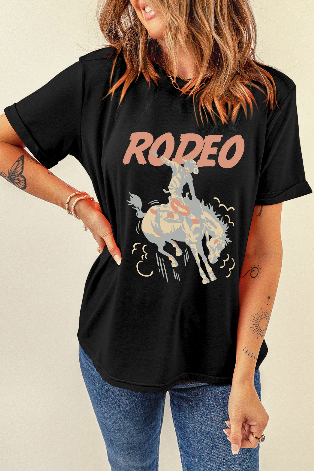 Black RODEO Cowboy Graphic Crewneck T Shirt Graphic Tees JT's Designer Fashion