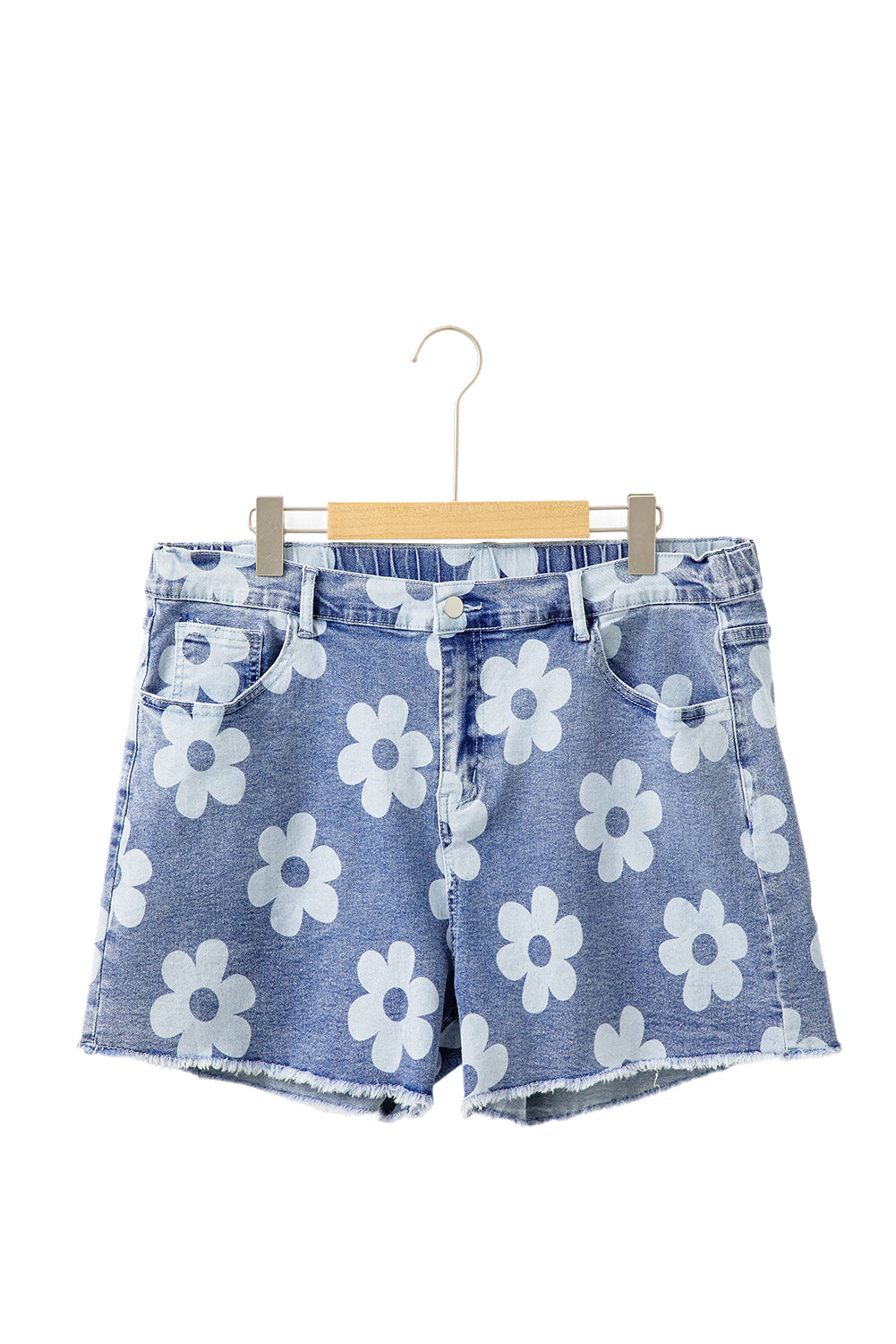 Ashleigh Blue Floral Pattern High Waist Raw Hem Plus Size Denim Shorts Plus Size Bottoms JT's Designer Fashion