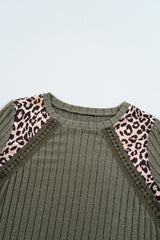 Moss Green Leopard Print Crochet Patchwork Rib Textured Knit Top Long Sleeve Tops JT's Designer Fashion
