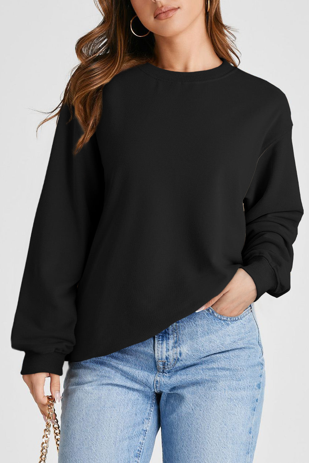 Black Plain Drop Shoulder Crewneck Pullover Sweatshirt Sweatshirts & Hoodies JT's Designer Fashion