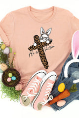 Pink He is Risen Easter Bunny Leopard Cross Graphic Tee Graphic Tees JT's Designer Fashion