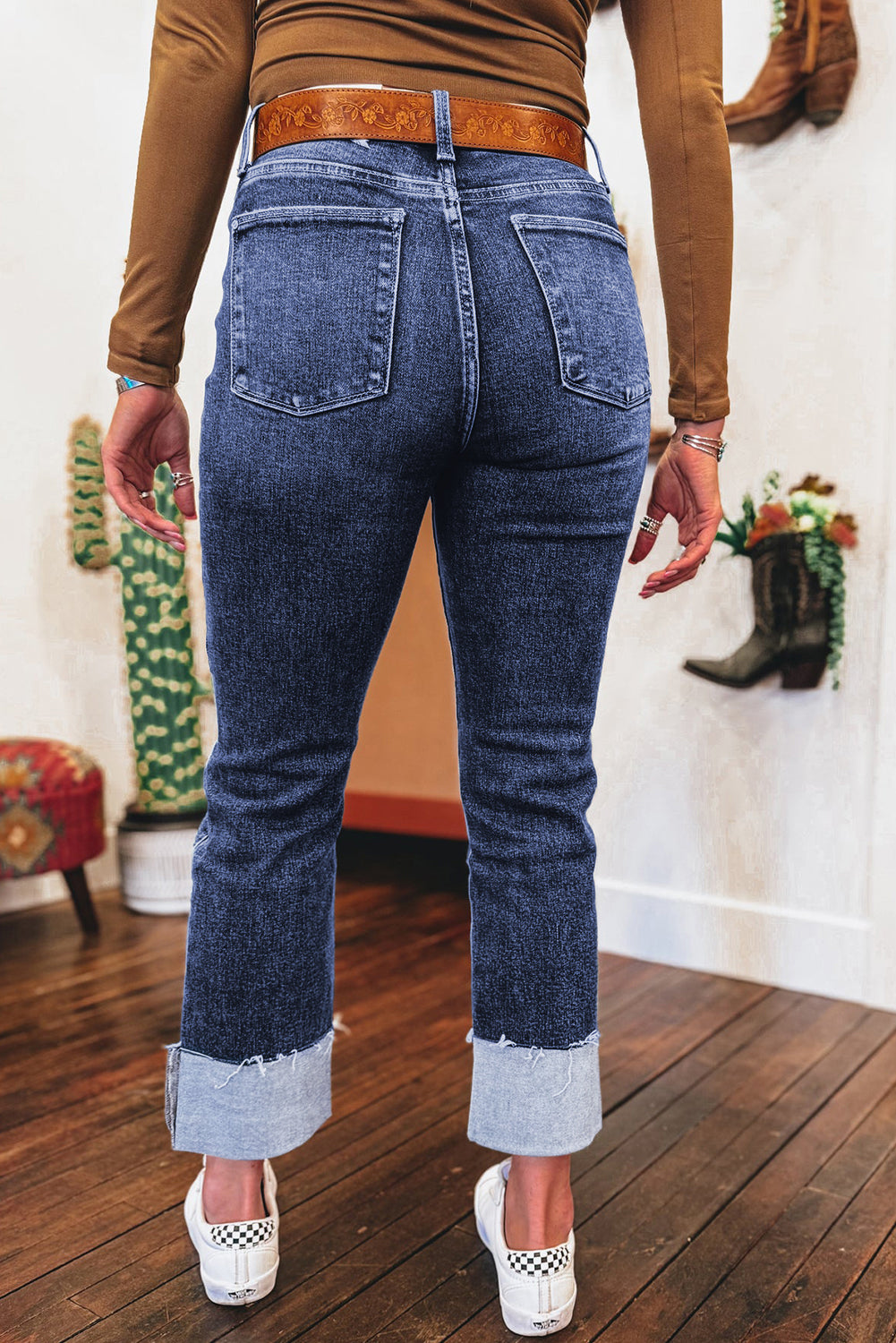 Real Teal Folded Cuffs Distressed Straight High Waist Jeans Jeans JT's Designer Fashion