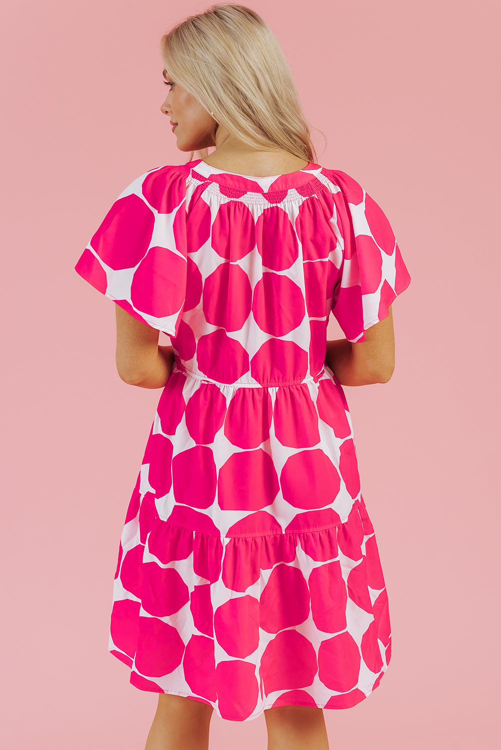 Rose Polka Dot Flutter Sleeve Notched Neck Tiered Flowy Dress Mini Dresses JT's Designer Fashion