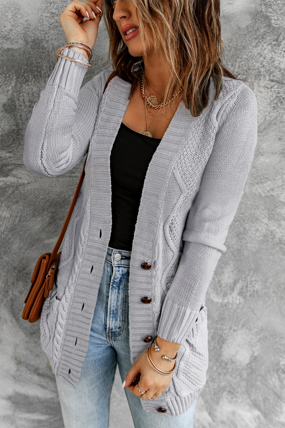 Gray Front Pocket and Buttons Closure Cardigan Sweaters & Cardigans JT's Designer Fashion