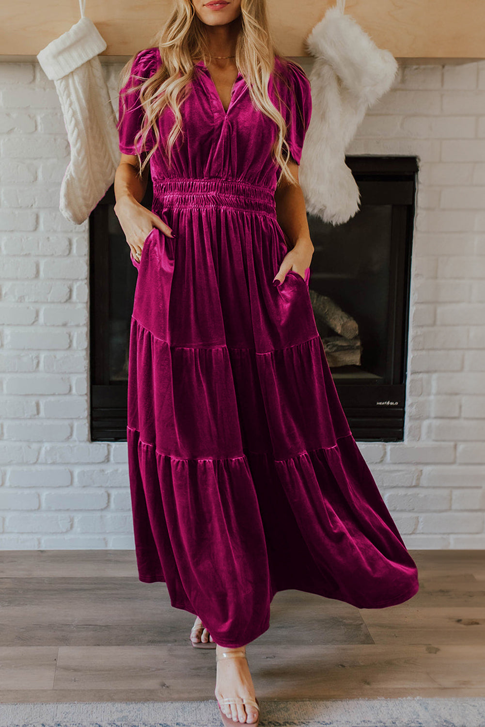 Red Dahlia Velvet Short Sleeve Shirred Waist Tiered Long Dress Red Dahlia 95%Polyester+5%Elastane Maxi Dresses JT's Designer Fashion