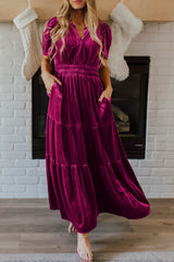 Red Dahlia Velvet Short Sleeve Shirred Waist Tiered Long Dress Red Dahlia 95%Polyester+5%Elastane Maxi Dresses JT's Designer Fashion