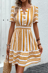 Geometric Notched Short Sleeve Mini Dress Mustard Mini Dresses JT's Designer Fashion